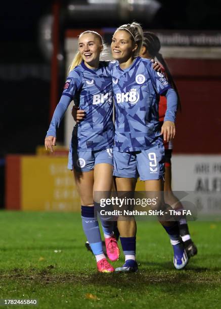 Rachel Daly of Aston Villa celebrates after scoring the team's second goal with teammate Laura Blindkilde during the FA Women's Continental Tyres...