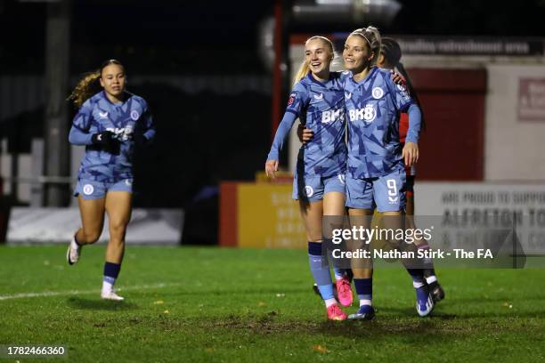 Rachel Daly of Aston Villa celebrates after scoring the team's second goal with teammate Laura Blindkilde during the FA Women's Continental Tyres...