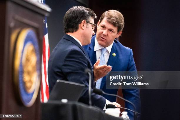 House Budget Committee Chairman Jodey Arrington, R-Texas, right, and Speaker of the House Mike Johnson, R-La., are seen during a meeting of the House...