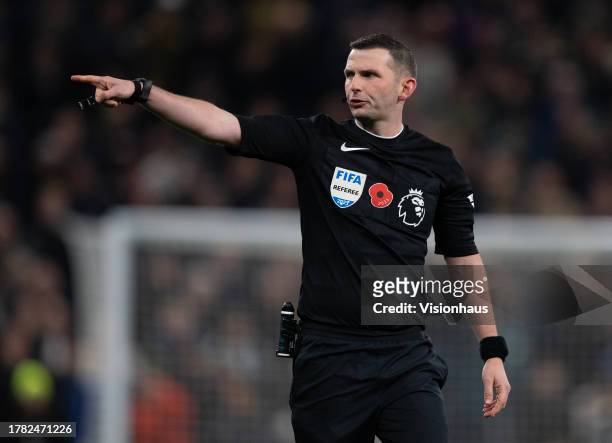 Referee Michael Oliver during the Premier League match between Tottenham Hotspur and Chelsea FC at Tottenham Hotspur Stadium on November 6, 2023 in...