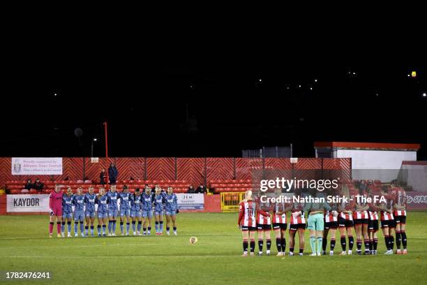 Players from both teams observe a silence for Remembrance Day during the FA Women's Continental Tyres League Cup match between Sheffield United and...