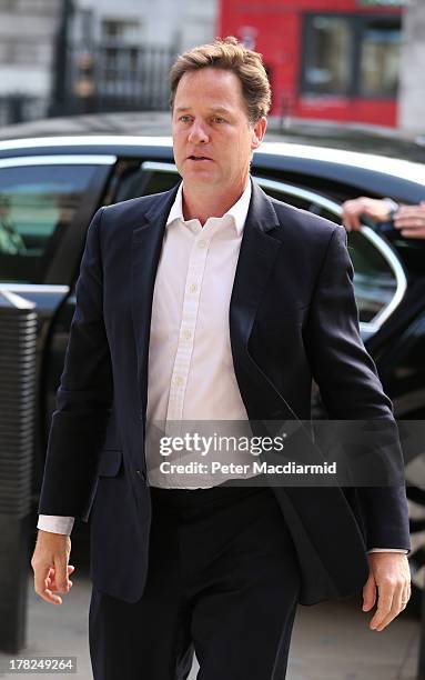 Deputy Prime Minister Nick Clegg arrives in Whitehall on August 28, 2013 in London, England. Prime Minister David Cameron is holding a National...