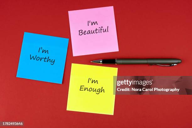 self-love inspirational quotes on adhesive note - health motivational quotes stock pictures, royalty-free photos & images