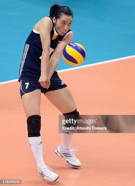 Xian Zhang of China in action during day one of the FIVB World Grand Prix Sapporo 2013 match between Serbia and China at Hokkaido Prefectural Sports...