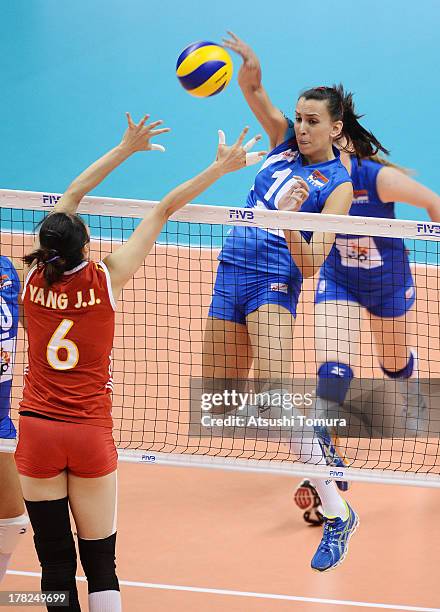 Milena Rasic of Serbia in action during day one of the FIVB World Grand Prix Sapporo 2013 match between Serbia and China at Hokkaido Prefectural...