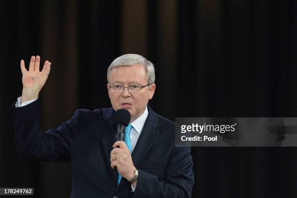 Australian Prime Minister Kevin Rudd speaks during the second Sky News People's Forum on August 28, 2013 in Sydney, Australia. With just over a week...
