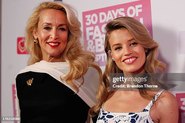 Jerry Hall and Georgia May Jagger arrive at the 30 Days of Fashion and Beauty Launch Party at Town Hall on August 28, 2013 in Sydney, Australia.