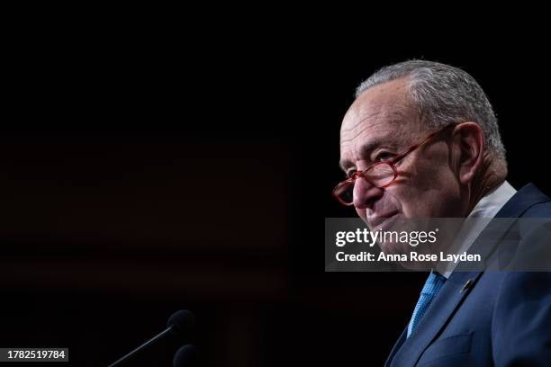 Senate Majority Leader Chuck Schumer speaks to reporters ahead of the weekly Senate Democratic policy luncheon at the U.S. Capitol on November 14,...