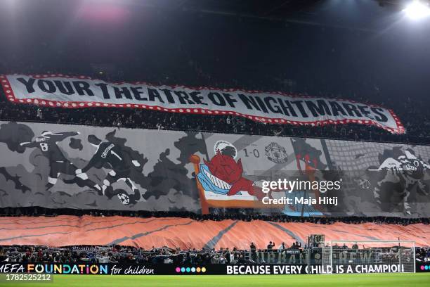 General view of a tifo can be seen prior to the UEFA Champions League match between F.C. Copenhagen and Manchester United at Parken Stadium on...