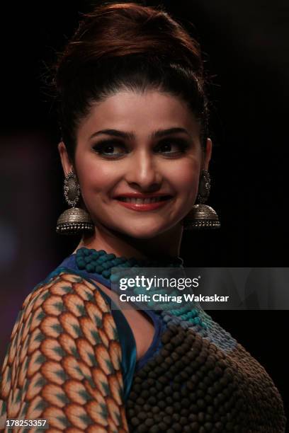 Prachi Desai showcases designs by SVA during day 5 of Lakme Fashion Week Winter/Festive 2013 at the Hotel Grand Hyatt on August 27, 2013 in Mumbai,...