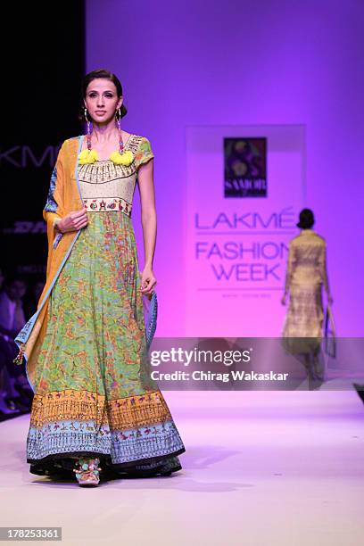 Model showcases designs by Pragya & Megha Samor during day 5 of Lakme Fashion Week Winter/Festive 2013 at the Hotel Grand Hyatt on August 27, 2013 in...