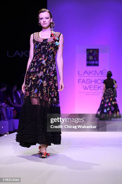 Model showcases designs by Pragya & Megha Samor during day 5 of Lakme Fashion Week Winter/Festive 2013 at the Hotel Grand Hyatt on August 27, 2013 in...