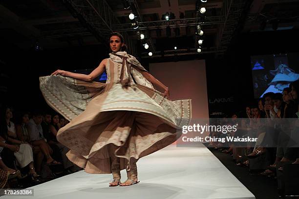 Model showcases designs by Rahul & Shikha during day 5 of Lakme Fashion Week Winter/Festive 2013 at the Hotel Grand Hyatt on August 27, 2013 in...