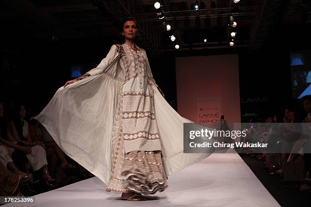 Model showcases designs by Rahul & Shikha during day 5 of Lakme Fashion Week Winter/Festive 2013 at the Hotel Grand Hyatt on August 27, 2013 in...