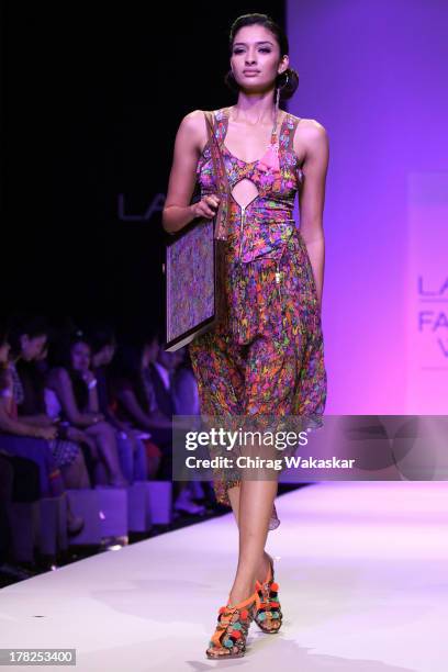 Model showcases designs by Pragya & Megha Samor during day 5 of Lakme Fashion Week Winter/Festive 2013 at the Hotel Grand Hyatt on August 27, 2013 in...