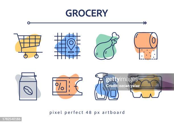 grocery related vector banner design concept. global multi-sphere ready-to-use template. web banner, website header, magazine, mobile application etc. modern design. - bread packaging stock illustrations