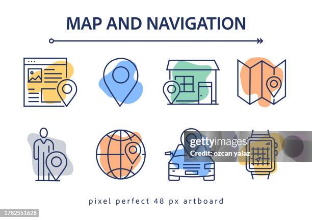 map and navigation related vector banner design concept. global multi-sphere ready-to-use template. web banner, website header, magazine, mobile application etc. modern design. - cell signaling pathway stock illustrations