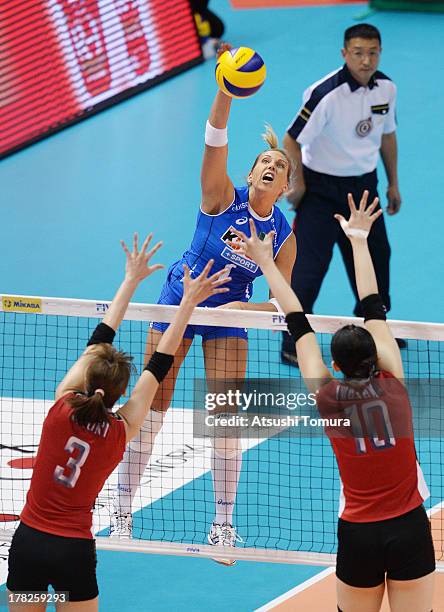 Indre Sorokaite of Italy in action during day one of the FIVB World Grand Prix Sapporo 2013 match between Japan and Italy at Hokkaido Prefectural...