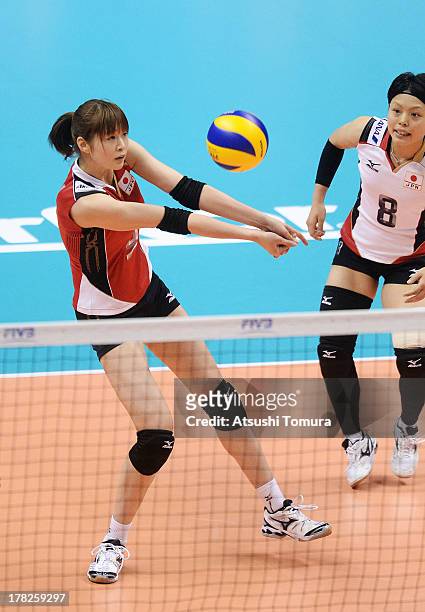Saori Kimura of Japan in action during day one of the FIVB World Grand Prix Sapporo 2013 match between Japan and Italy at Hokkaido Prefectural Sports...