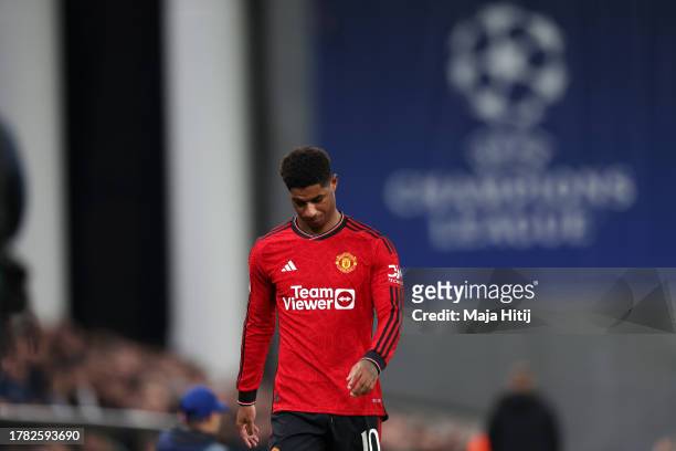 Marcus Rashford of Manchester United reacts after being shown a red card during the UEFA Champions League match between F.C. Copenhagen and...