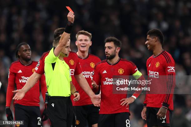 Marcus Rashford of Manchester United is shown a red card by referee Donatas Rumsas during the UEFA Champions League match between F.C. Copenhagen and...