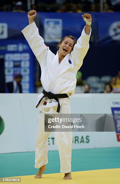 Majlinda Kelmendi of Kosovo celebrates after winning the u52kgs final by ippon during day 2 of the Rio World Judo Championships at the Gympasium...