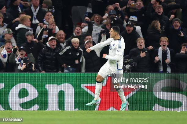 Mohamed Elyounoussi of FC Copenhagen celebrates after scoring the team's first goal during the UEFA Champions League match between F.C. Copenhagen...