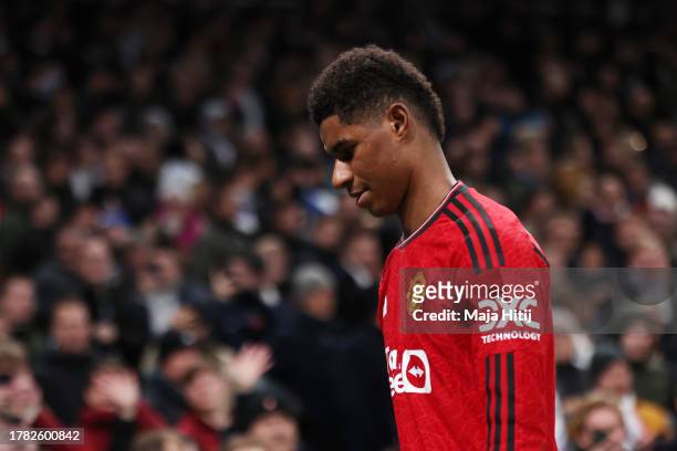 Marcus Rashford of Manchester United looks dejected after being shown a red card during the UEFA Champions League match between F.C. Copenhagen and...