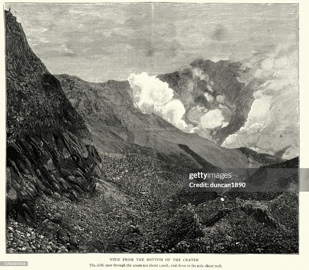 Bottom of the crater after the eruption of Mount Bandai a stratovolcano located in Inawashiro-town, Bandai-town, and Kitashiobara village, in Yama-Gun, Fukushima prefecture, Victorian, 1888, 19th Century.
