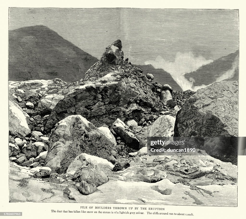 Boulders thrown up by the eruption of Mount Bandai a stratovolcano located in Inawashiro-town, Bandai-town, and Kitashiobara village, in Yama-Gun, Fukushima prefecture, Victorian, 1888, 19th Century