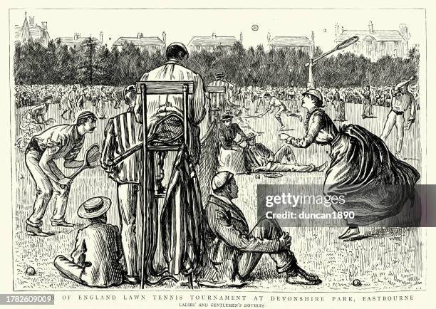 lawn tennis tournament at devonshire park, eastbourne, mixed doubles match, history victorian sports, 1880s, 19th century - tennis outfit stock illustrations