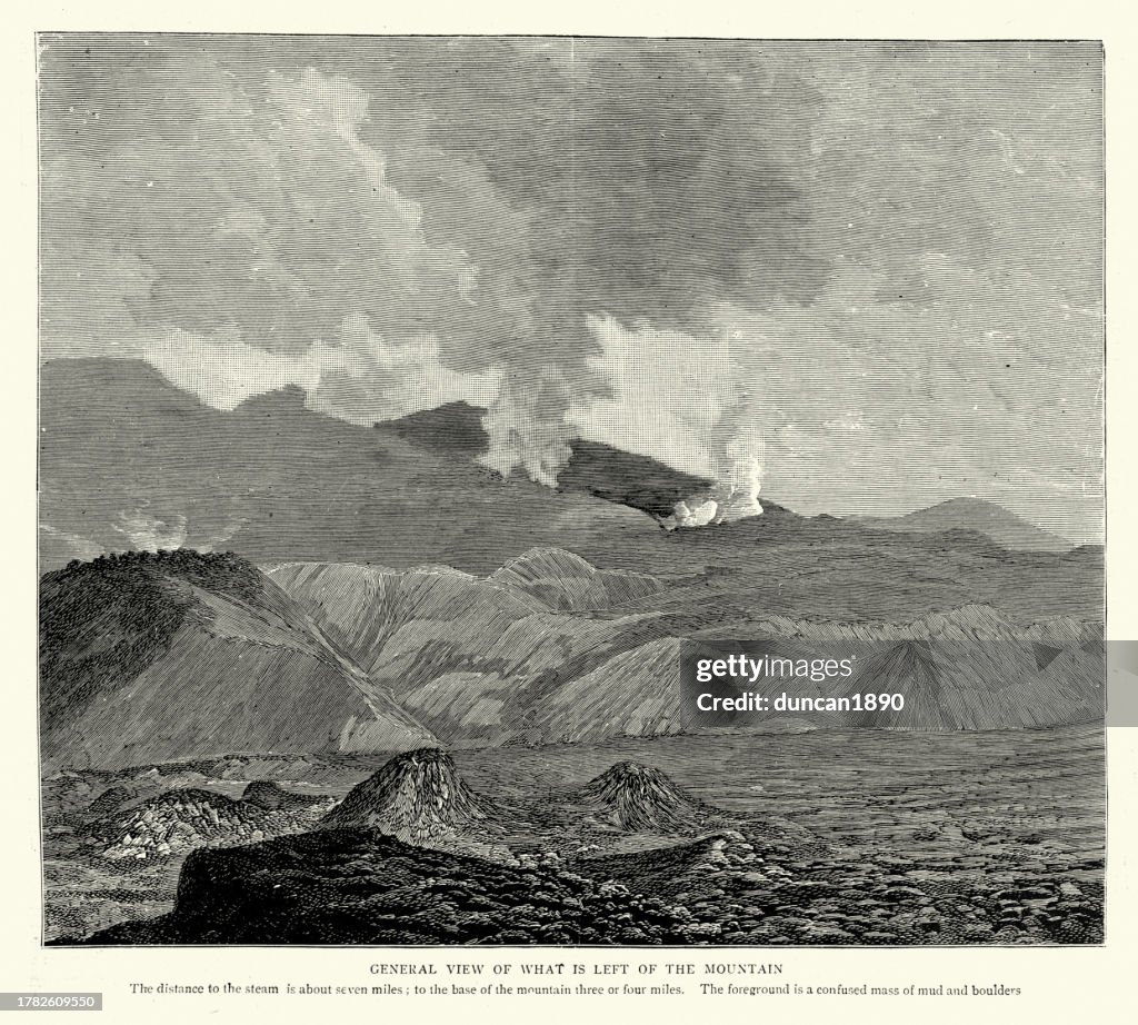 Remains of the mountain after the eruption of Mount Bandai a stratovolcano located in Inawashiro-town, Bandai-town, and Kitashiobara village, in Yama-Gun, Fukushima prefecture, Victorian, 1888, 19th Century