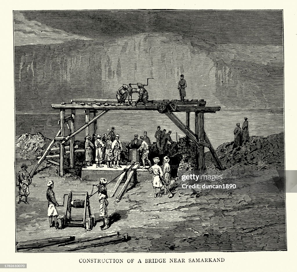 Rusos en Asia Central, Construcción de un puente ferroviario cerca de Samarcanda, Ferrocarril Transcaspin desde el mar transcaspio a Samarcanda, década de 1880, siglo XIX