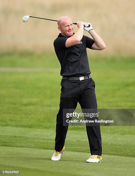 Martyn Williams, former Wales rugby captain, in action during the Pro Am prior to the start of the ISPS Handa Wales Open on the Twenty Ten course at...