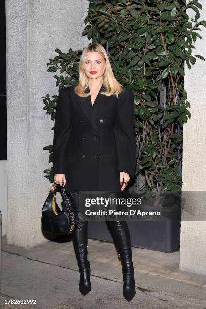 Veronica Ferraro arrives for the dinner at Langosteria Cucina on November 08, 2023 in Milan, Italy.