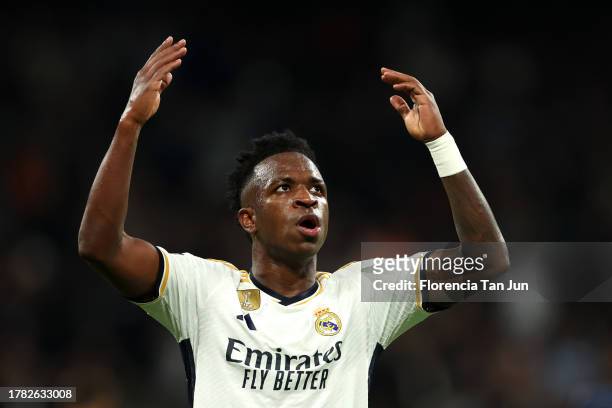 Vinicius Junior of Real Madrid celebrates after scoring the team's second goal during the UEFA Champions League match between Real Madrid and SC...