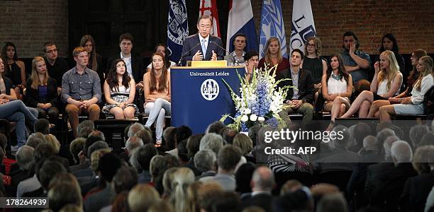 United Nations Secretary-General Ban Ki-moon delivers on August 28 a lecture in the Pieterskerk in Leiden. The lecture is an initiative of the...