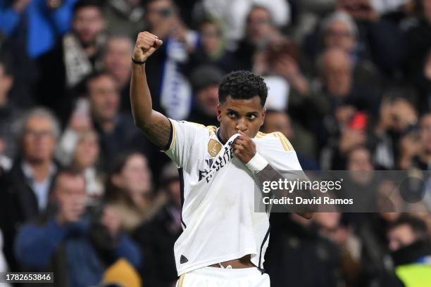 Rodrygo of Real Madrid celebrates after scoring the team's third goal during the UEFA Champions League match between Real Madrid and SC Braga at...