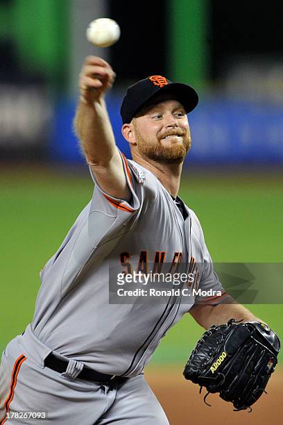 Pitcher Chad Gaudin of the San Francisco Giants pitches during an MLB game against the Miami Marlins at Marlins Park on August 16, 2013 in Miami,...