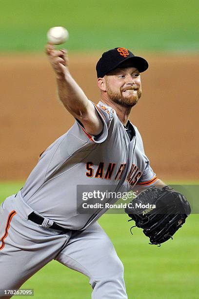 Pitcher Chad Gaudin of the San Francisco Giants pitches during an MLB game against the Miami Marlins at Marlins Park on August 16, 2013 in Miami,...