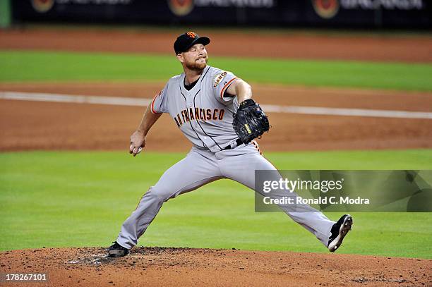 Pitcher Chad Gaudin of the San Francisco Giants pitches during an MLB game against the Miami Marlins at Marlins Park on August 16, 2013 in Miami,...