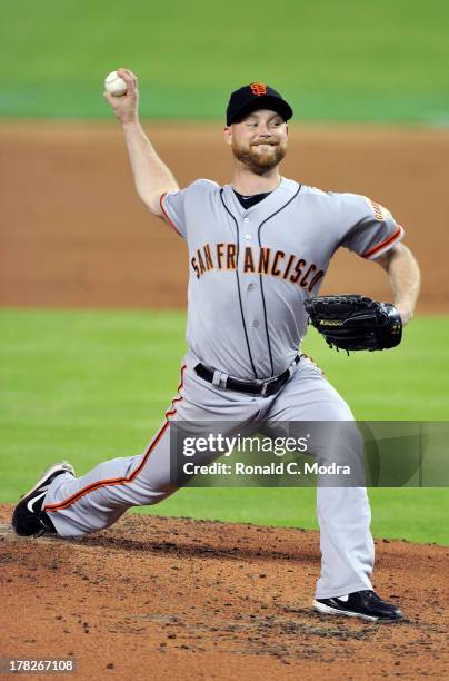 Pitcher Chad Gaudin of the San Francisco Giants pitches during an MLB game against the Miami Marlins at Marlins Park on August 16, 2013 in Miami,...