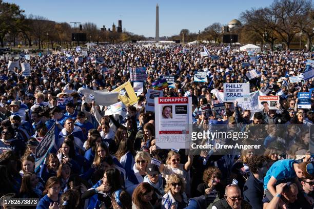Thousands of people attend the March for Israel on the National Mall November 14, 2023 in Washington, DC. The large pro-Israel gathering comes as the...
