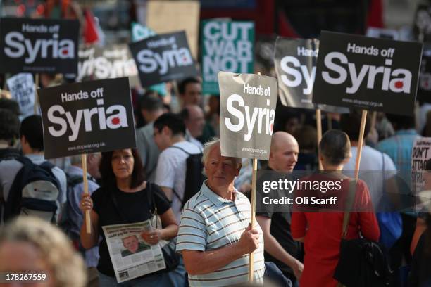 Protesters gather on Whitehall outside Downing Street to campaign for no international military intervention in the ongoing conflict in Syria on...