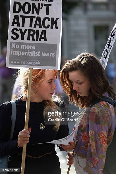 Protesters gather on Whitehall outside Downing Street to campaign for no international military intervention in the ongoing conflict in Syria on...