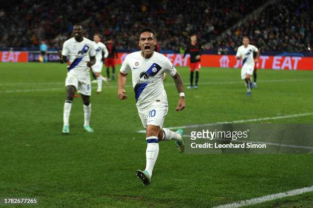 Lautaro Martinez of FC Internazionale celebrates after scoring the team's first goal during the UEFA Champions League match between FC Salzburg and...