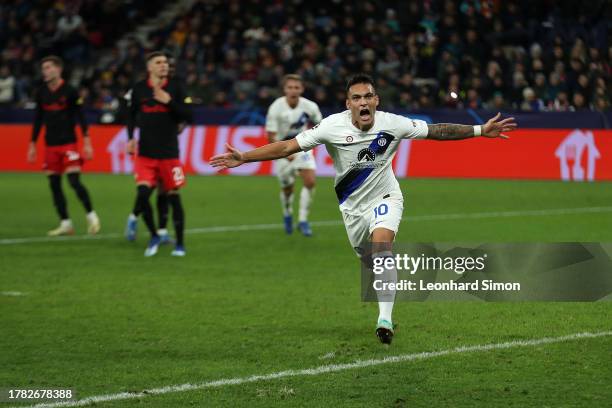 Lautaro Martinez of FC Internazionale celebrates after scoring the team's first goal during the UEFA Champions League match between FC Salzburg and...