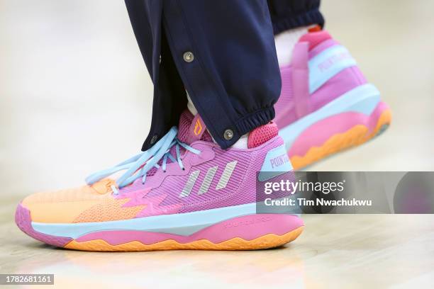 Adidas shoes are seen during a game between the Philadelphia 76ers and the Washington Wizards at the Wells Fargo Center on November 06, 2023 in...