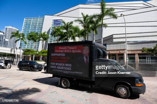 Mobile billboard sponsored by the DNC is seen ahead of the RNC debate on November 08, 2023 in Miami, Florida. The DNC billboard is in Miami reminding...