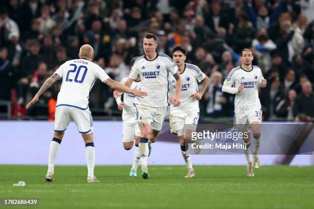 Lukas Lerager of FC Copenhagen celebrates with teammates after scoring the team's third goal during the UEFA Champions League match between F.C....